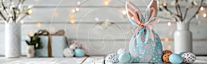 Easter Bunny Gift Bag with Eggs on White Table: Festive Holiday Decoration Concept for Greeting Cards and Fabric Gifts