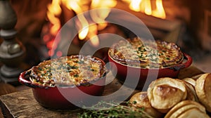 These delightful individual ceroles served on a rustic hearth are the epitome of cozy dining. Savory meats and seasonal photo