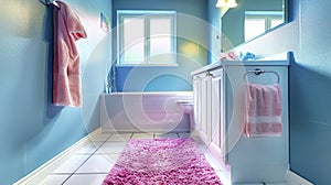 A Delightful Kids\' Bathroom with Calming Blue Walls, a Cheerful Pink Rug, and a Snuggly Towel