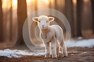 Delightful little lamb roaming and grazing serenely in the idyllic natural landscape