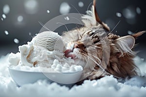 Delightful Maine Coon Cat Enjoying Ice Cream Treat During Winter Snowfall, Adorable Feline with Dessert