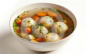 Delightful matzo ball soup served in a white bowl, enriched with carrot rounds and chopped parsley, offering a taste of