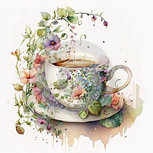 A Delightful Morning: A Spring-Themed Coffee Cup and Saucer with Vines and Flowers AI Generated