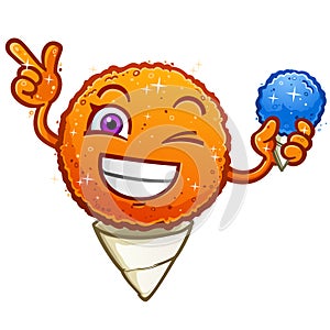 A delightful orange snow cone cartoon character winking and pointing with a snowcone in hand