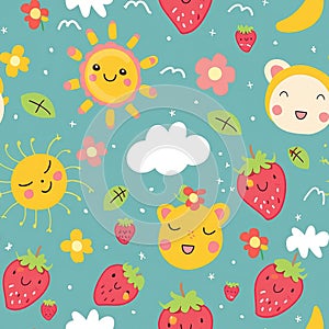 A delightful pattern featuring animated suns, clouds, and fruit