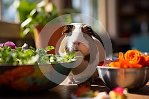 Coco the Adorable Guinea Pig Enjoying a Fresh Veggie Feast on a Green Mat photo