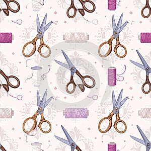 Seamless Pattern with Scissors and Thread Spools for Sewing and Crafting