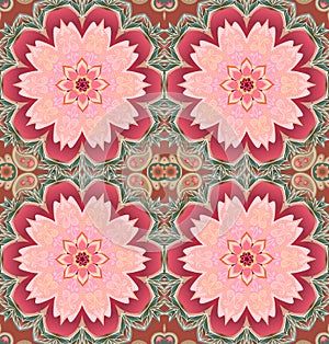 Delightful seamless pattern with large pink snowflake-like mandalas and paisley ornaments. Fabric swatch, yoga mat, wallpaper