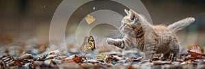 Delightful sight of a feline friend engaged in a playful game with a graceful butterfly, evoking