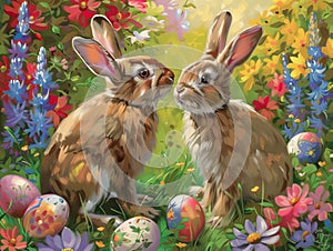 Two Easter bunnies are depicted alongside colorful eggs, capturing the whimsy and charm of the holiday season photo