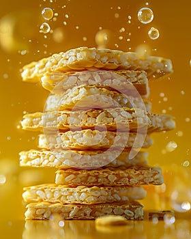 Delightful stack of honey sweetened rice crispy treats with golden honey drops and vivid yellow background