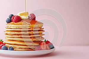 Delightful stack of pancakes with syrup, berries, and butter on blue plate against festive background