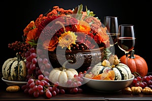 Delightful still life with fall motifs like pumpkins, autumn flowers, grapes and wine