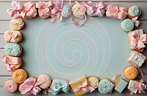 A delightful tableau of pastel hues surrounds an array of birthday delights, including cakes, candles, and beautifully