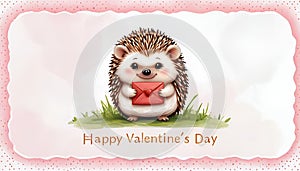 Cheerful Hedgehog with Heart Envelope - Valentine\'s Day Card photo