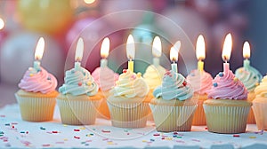 delightful vanilla cupcakes adorned with buttercream frosting and lollipops. Display them on a pastel-colored background