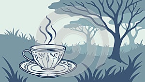 Steaming Tea Cup in Tranquil Forest Vector Illustration, vector design Generative AI