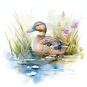 Delightful Watercolor Duck Splashing in a Pond AI Generated