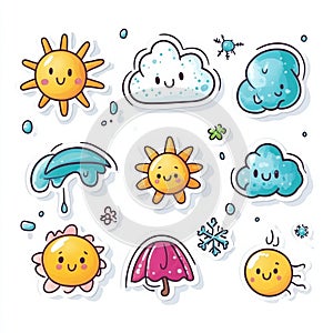 Cute weather-themed sticker illustrations featuring sun, cloud, rain, and snowflake icons on a bright white background photo