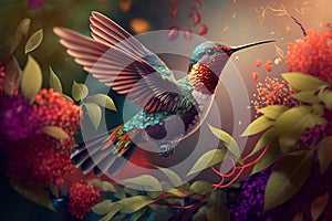 Delightfully beautiful bird hummingbird in flight, created with Generative AI technology