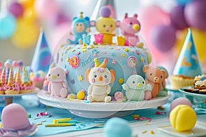 A delightfully whimsical cake featuring cute cartoon characters, vibrant icing swirls, and playful decorations. Generative AI