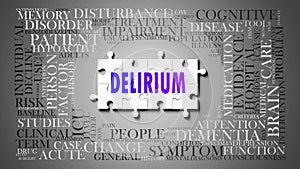 Delirium as a complex subject, related to important topics spreading around as a word cloud