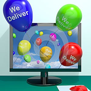 We Deliver Balloons From Computer Showing Delivery Shipping Service