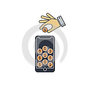 Deliver money manually to a mobile phone. hand puts dollar coin in the phone icon. vector symbol