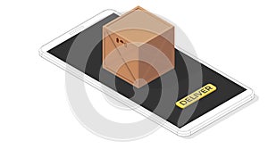 Deliver. Vector isometric illustration. Smartphone with a yellow button and brown wooden box with transportation cargo symbols.