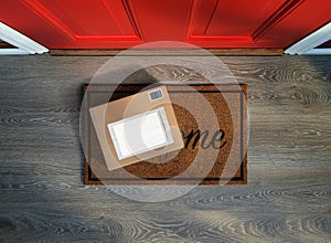 Delivered outside door, e-commerce purchase on welcome mat. photo