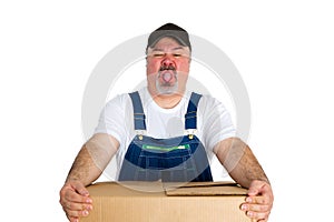 Deliverer carrying heavy cardboard box