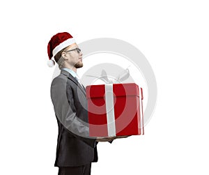 Deliverer courier -  Santa Claus hold in hands cardboard red box with gift photo