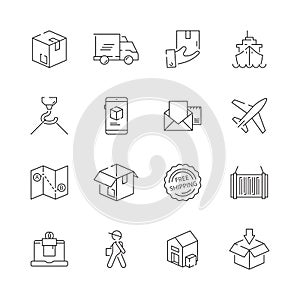 Delivering icons. Shipping logistics delivery sea freight free shipment moving items vector thin line symbols