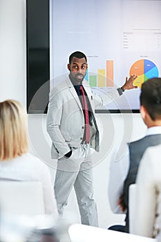 Delivering a killer presentation. a businessman giving a presentation to his colleagues at work.