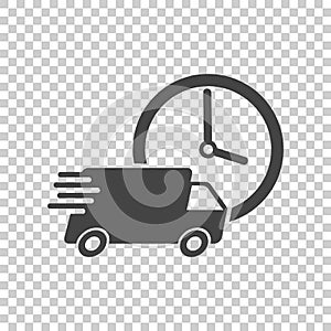 Delivery 24h truck with clock vector illustration. 24 hours fast