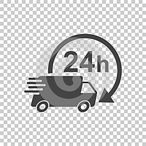 Delivery 24h truck with clock vector illustration. 24 hours fast