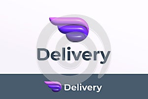 Delivery Abstract 3D Inflated Logo Template. Letter D with Incorporated Wings Sign and Modern Typography. Fast Delivery
