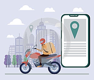 Delivery app, biker road on the city