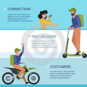 Delivery banners. fast delivery service characters and happy costumers. Vector cartoon templates