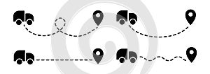 Delivery black icon. Delivery concept. A pin connected by a dotted line to the delivery track.