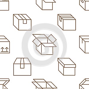 Delivery box background, cargo package seamless pattern. Various open and closed cardboard boxes, parcel flat line icons