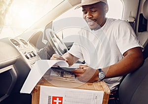 Delivery, box and courier man in a car with checklist for ecommerce, orders and package, happy and smile. Logistics