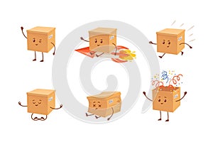 Delivery box mascot. Cartoon parcel characters, funny courier packages cute happy sad face of delivery boxes crumpled