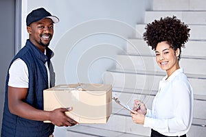 Delivery, box and portrait of man with woman for shipping, logistics and distribution service. Ecommerce, online