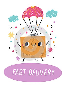 Delivery box poster. Cardboard container flying on parachute. Cartoon character with happy face. Cargo transportation