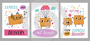 Delivery box posters. Cute cardboard container characters, funny boxes with happy faces hand drawn cartoon style, fly to