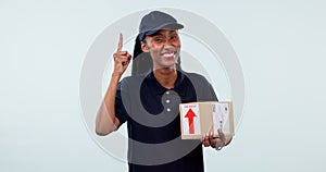 Delivery box, studio black woman and pointing at logistics announcement, product shipping news or commercial. Mail