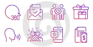 Delivery boxes, Employees teamwork and Approved mail icons set. Gift, Human sing and Weather phone signs. Vector