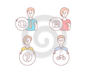 Delivery boxes, Question mark and Face id icons. Bicycle sign. Vector