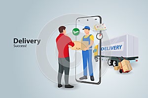 Delivery boy flat design vector concept. guy courier stays with the box near the door that looks like a smartphone and gives it to